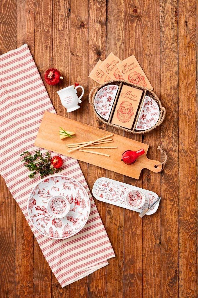 Christmas chip and dip set with round platter, dip bowl, and red serving pieces