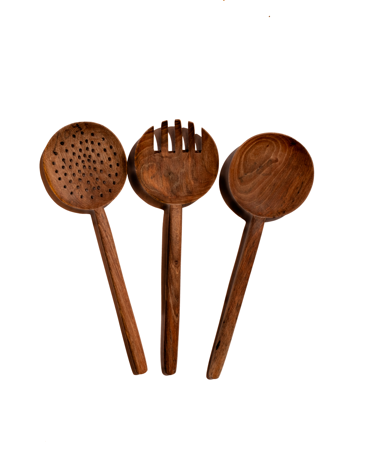 Walnut long-handle spoon set of 3 with perforated, ribbed, and smooth heads