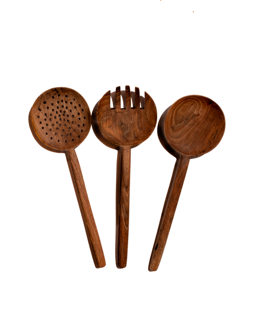 Walnut long-handle spoon set of 3 with perforated, ribbed, and smooth heads