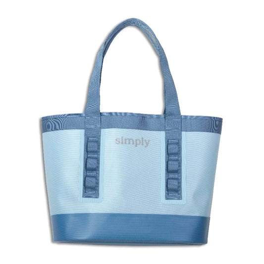 Blue tote bag with 'simply' front panel and reinforced side straps