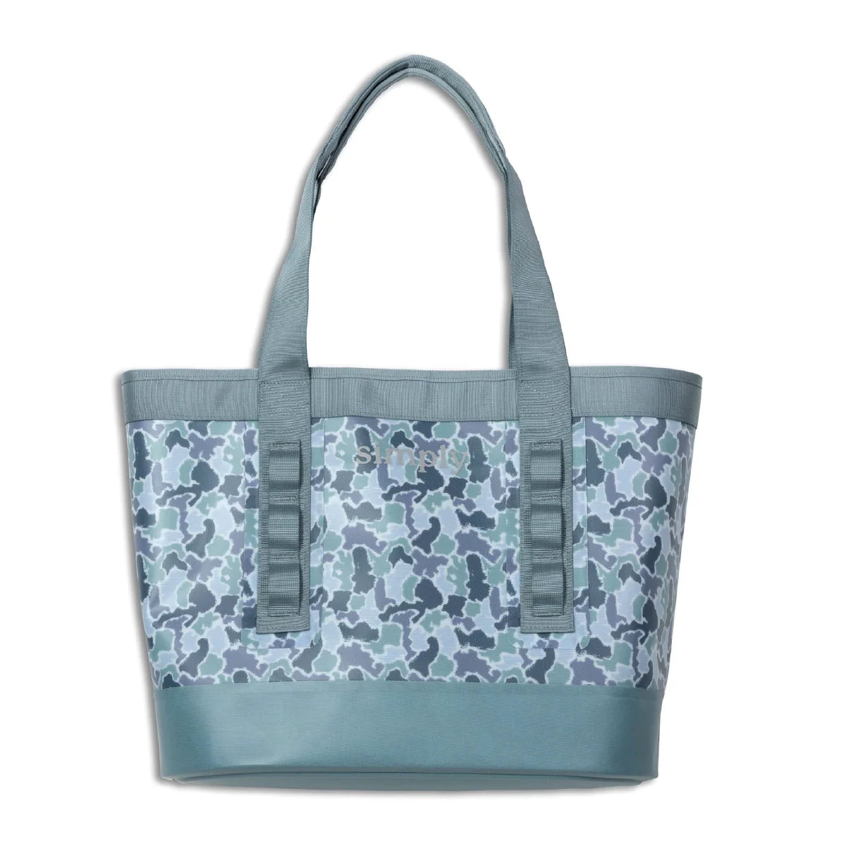Simply Southern® camo tote bag in teal with patterned front panel and double handle straps