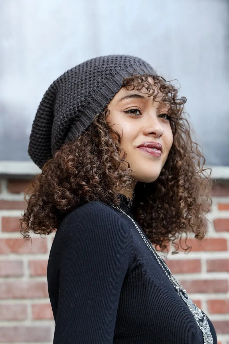 Slouch waffle knit beanie, dark gray textured knit, worn with loose slouch fit