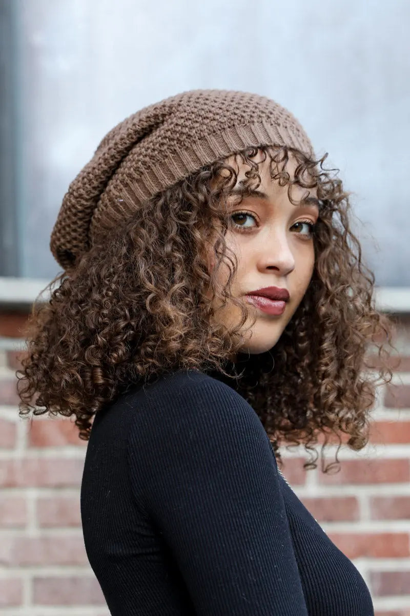 Mocha slouch waffle knit beanie with ribbed foldover and textured knit