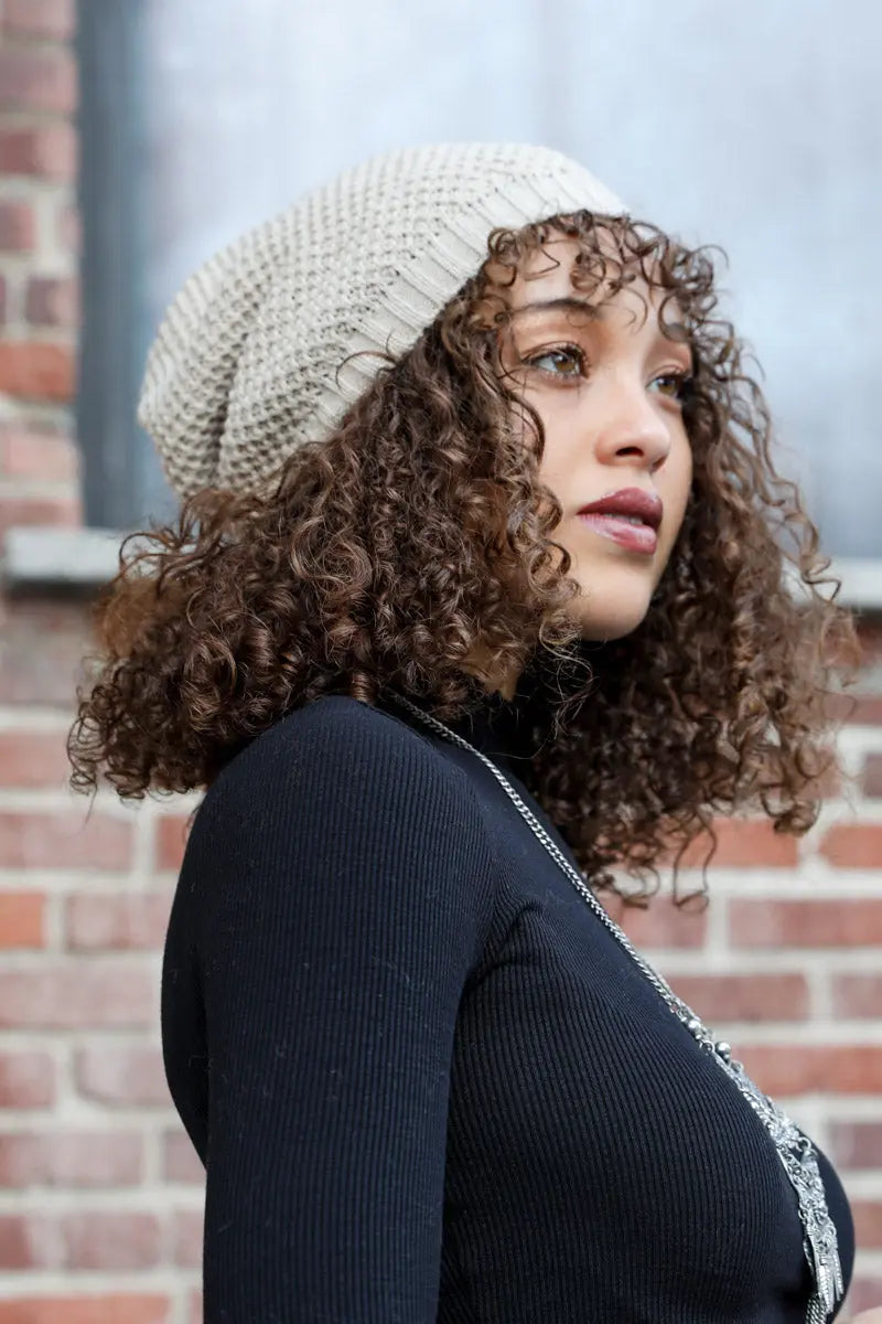 Oatmeal slouch waffle knit beanie with textured waffle knit and foldover cuff