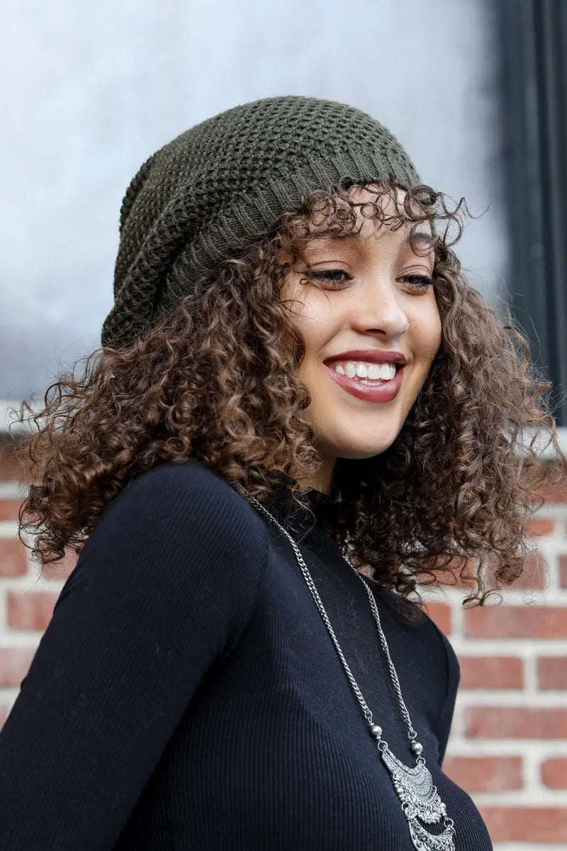 Olive slouch waffle knit beanie with ribbed foldover cuff and waffle texture