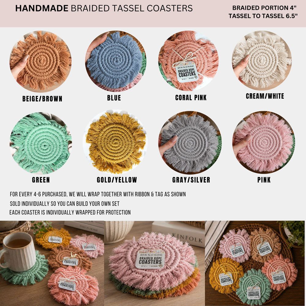 Braided rope tassel coasters color chart: beige, blue, coral pink, cream/white, green, yellow, gray, pink