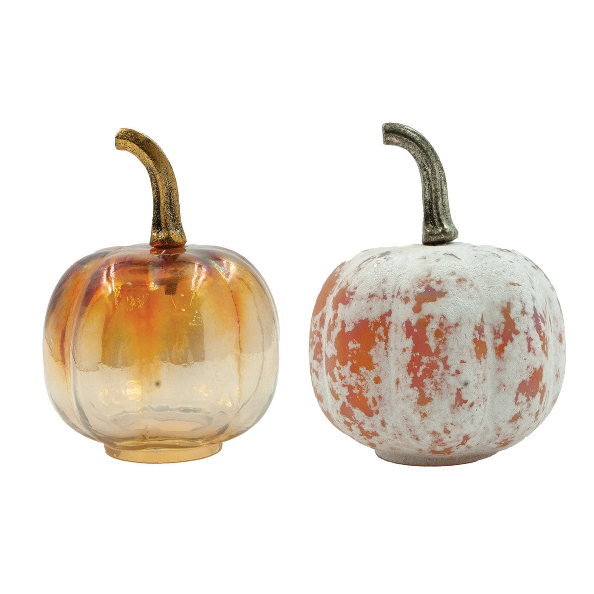 Small glass pumpkin set with brass stems, iridescent orange and distressed white