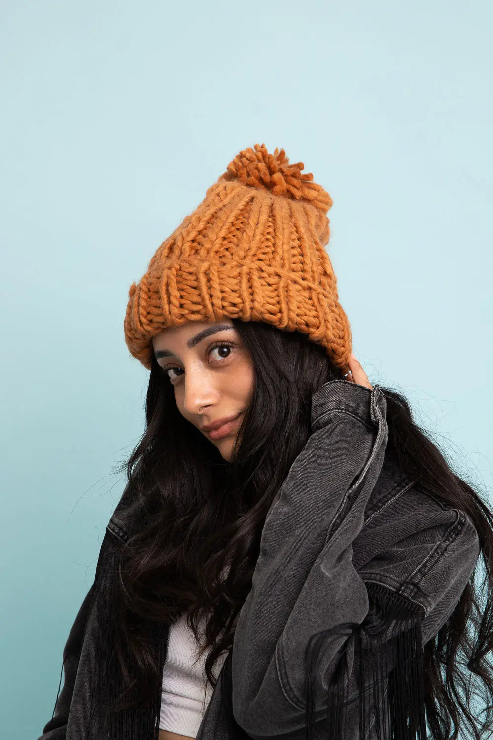 Camel chunky cable-knit beanie with pom-pom top and ribbed cuff