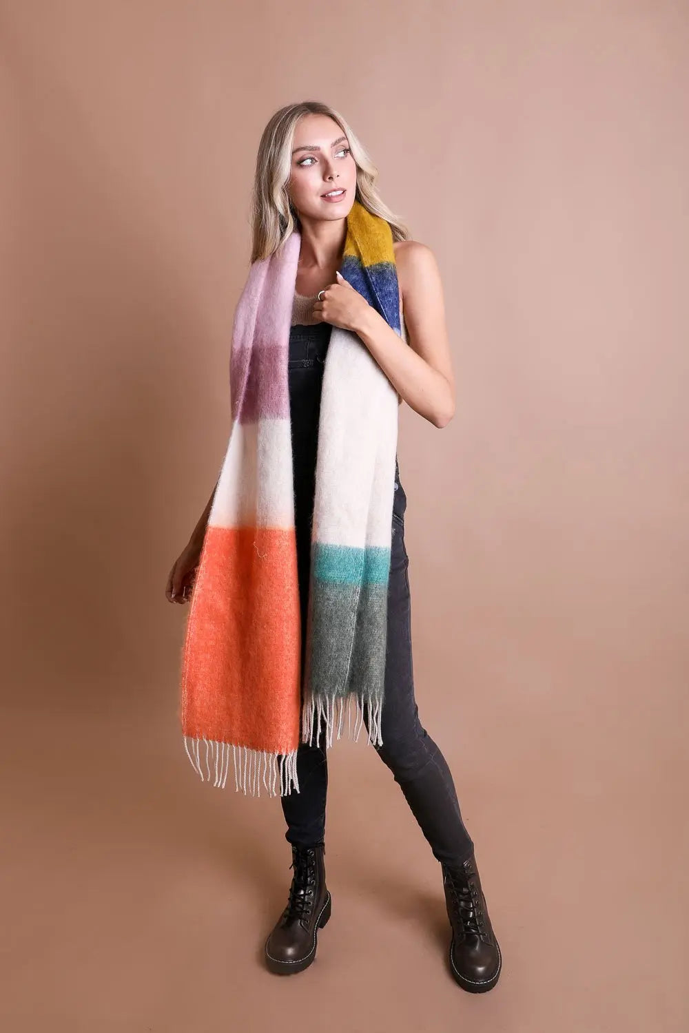 Colorblock mohair scarf with coral, blue, green, and oatmeal stripes; fringe ends.
