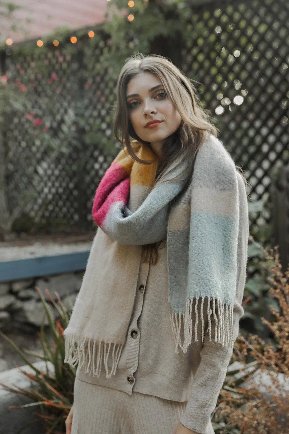 Colorblock mohair scarf with gray-blue and multicolor stripes, fringe ends.