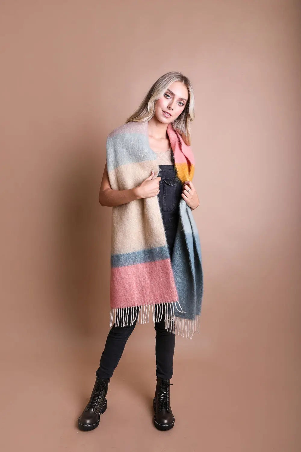 Colorblock striped mohair scarf in oatmeal with pink, teal, and gray panels; fringe.