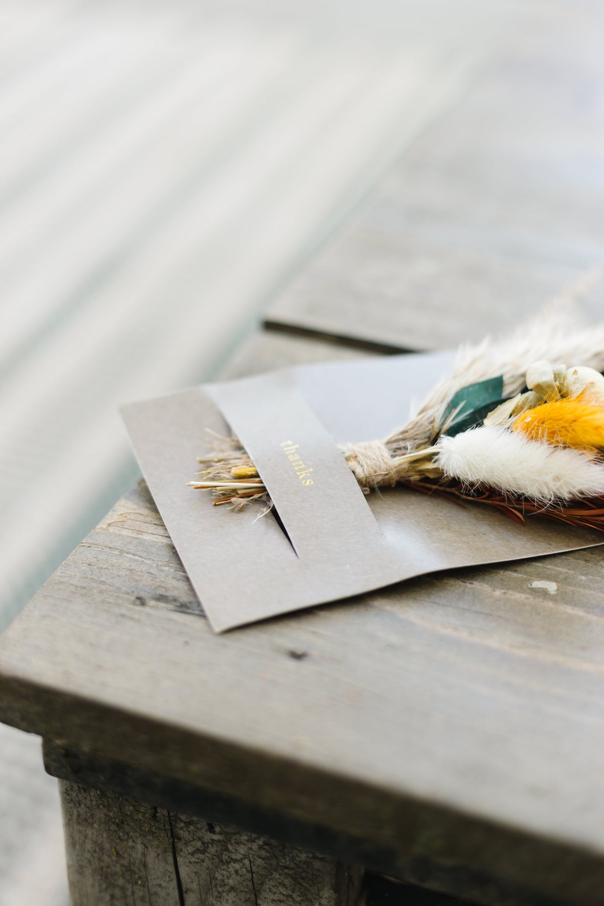 Mini dried floral greeting card with beige envelope and small dried bouquet detail