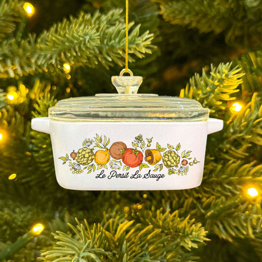 Mini casserole ornament with clear-lidded top, vegetable print, gold hanging loop