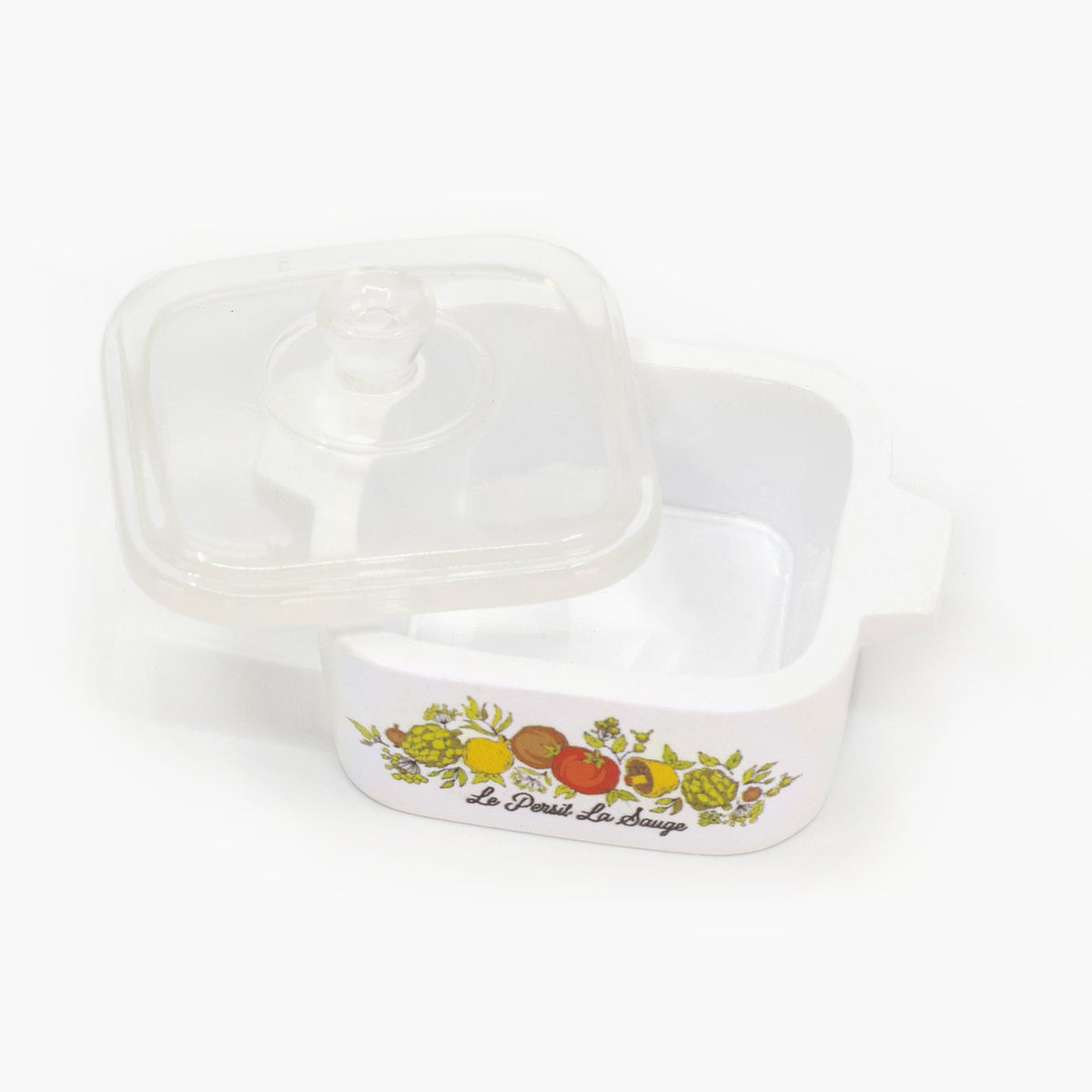 Mini trinket box with clear hinged lid, white ceramic base and fruit-herb band illustration