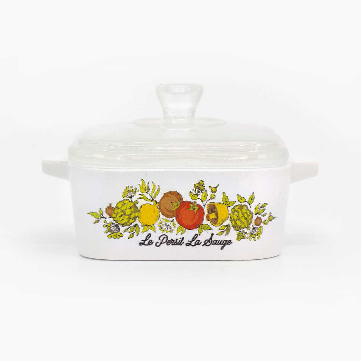 Mini trinket box with clear lid, white ceramic body and fruit-herb illustration across front