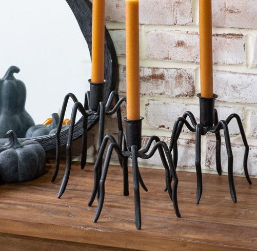Set of 3 black spider taper candle holders with LED candles