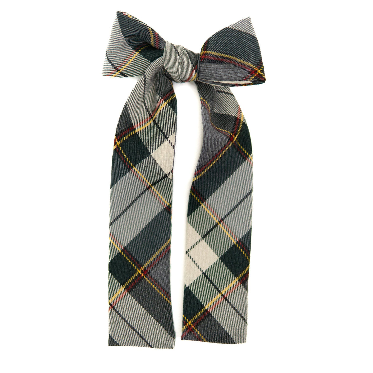 Plaid lady hair bow in dark green and cream with red and yellow lines