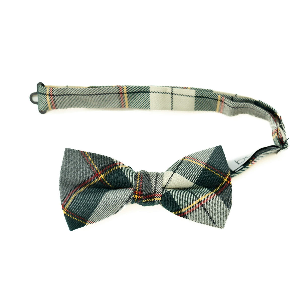 Men's plaid pre-tied bow tie with green and cream checks, red accents