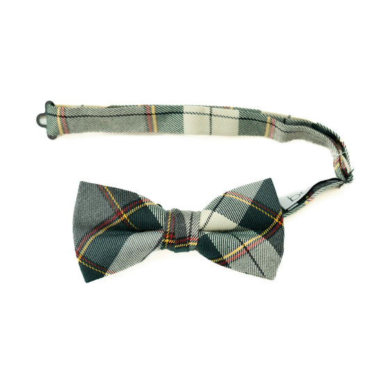 Men's plaid pre-tied bow tie with green and cream checks, red accents