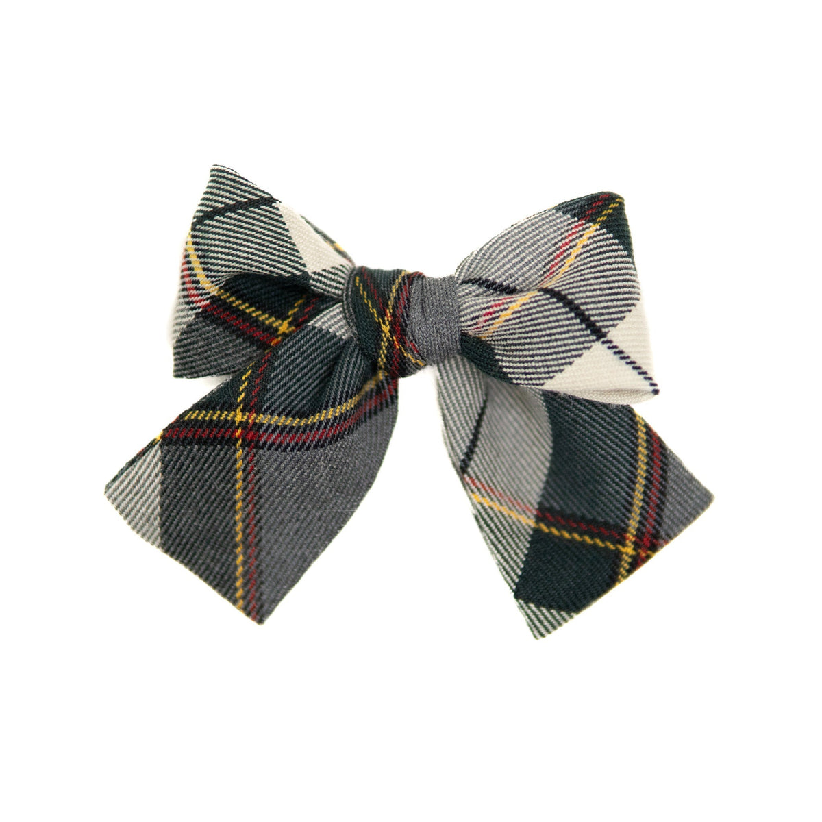 Petite plaid hair bow in dark green, cream, and yellow with tied loops
