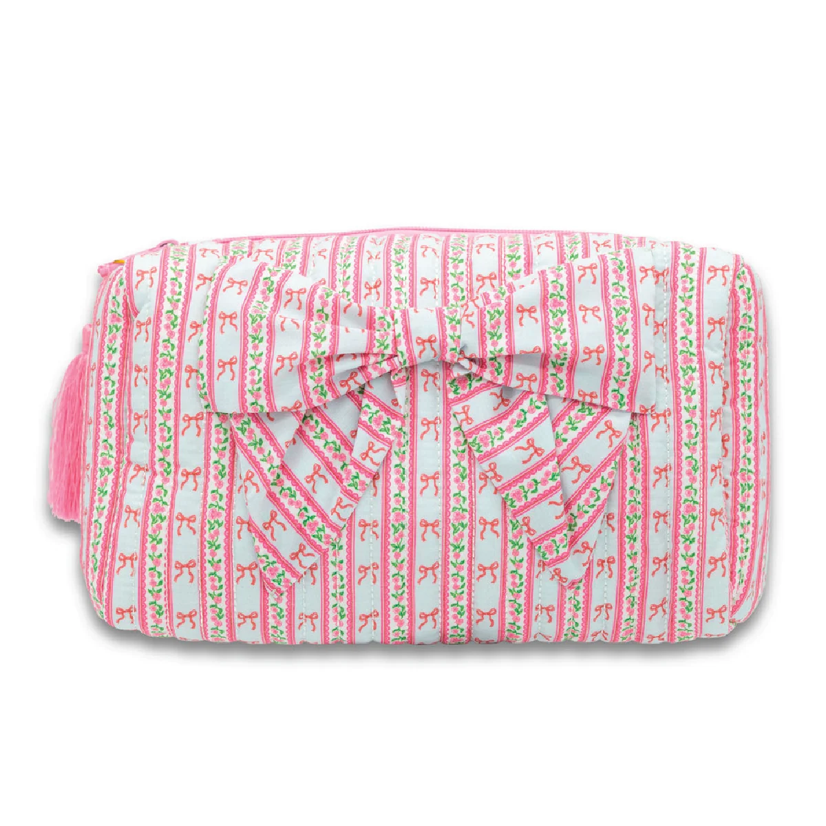 Quilted cosmo bag with striped pink and green fabric and bow detail