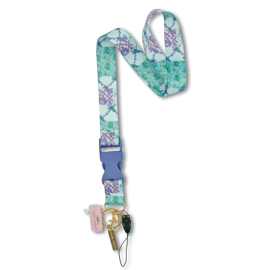 Teal and purple floral patch lanyard with gold keyring and clip