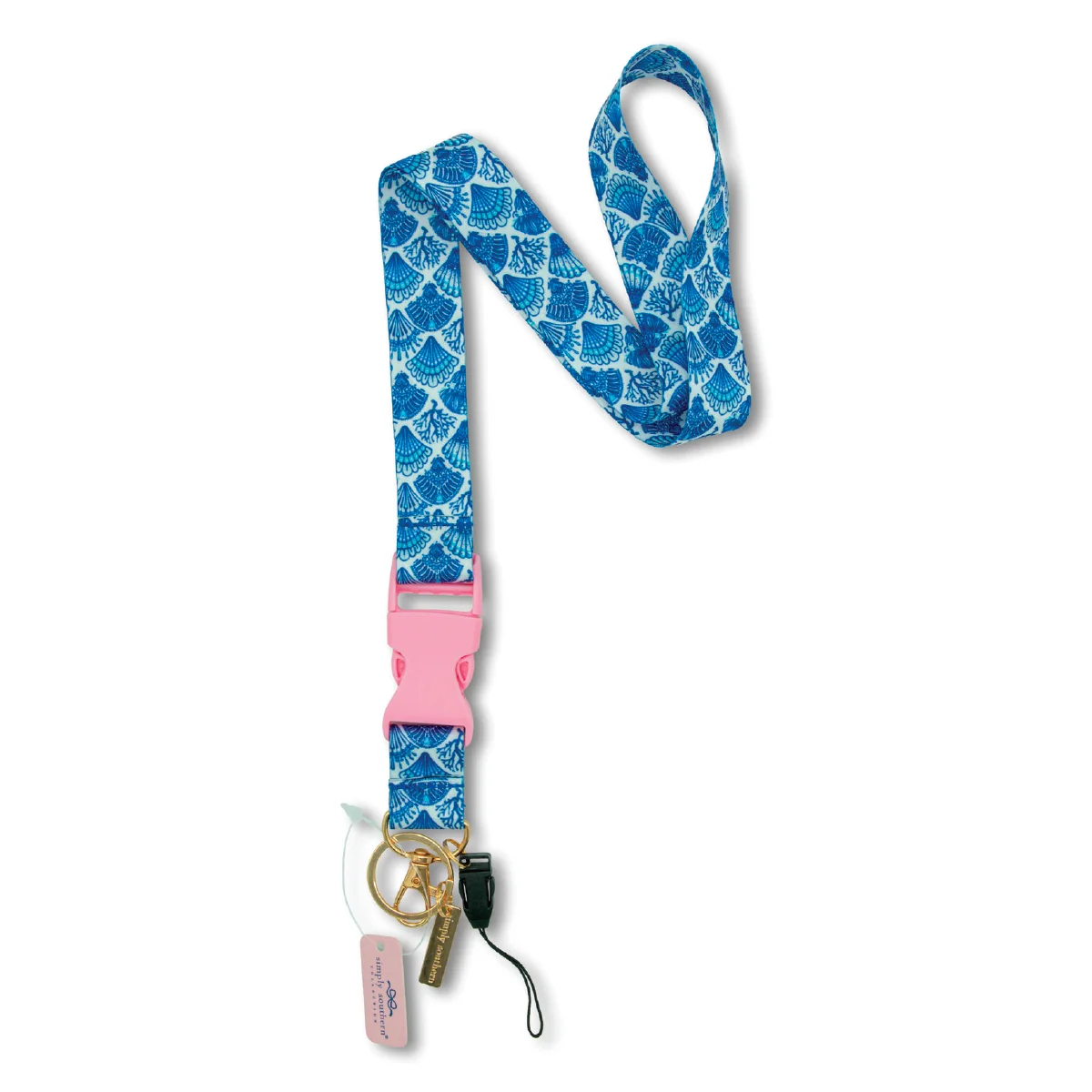 Blue shell print lanyard with gold clip and pink ID holder tag