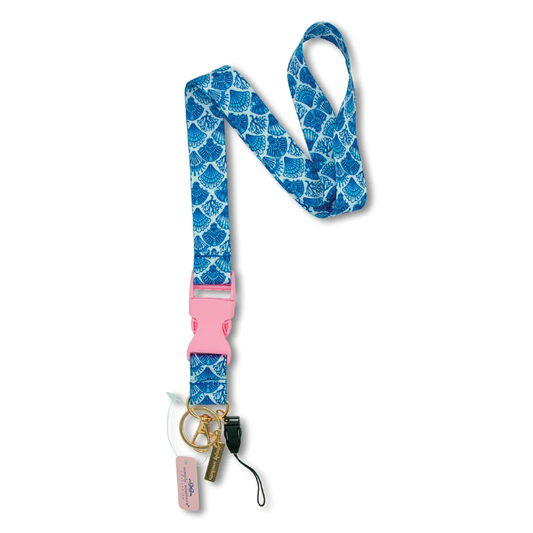 Blue shell print lanyard with gold clip and pink ID holder tag