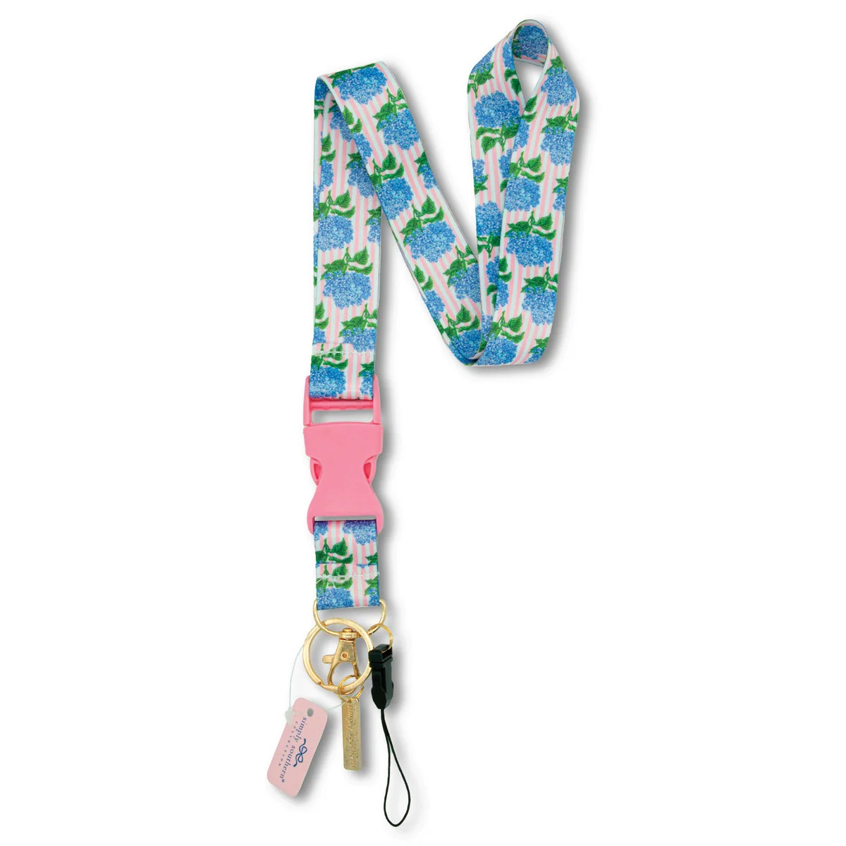 Hydrangea floral lanyard with pink buckle and gold swivel clasp, includes hanging tag