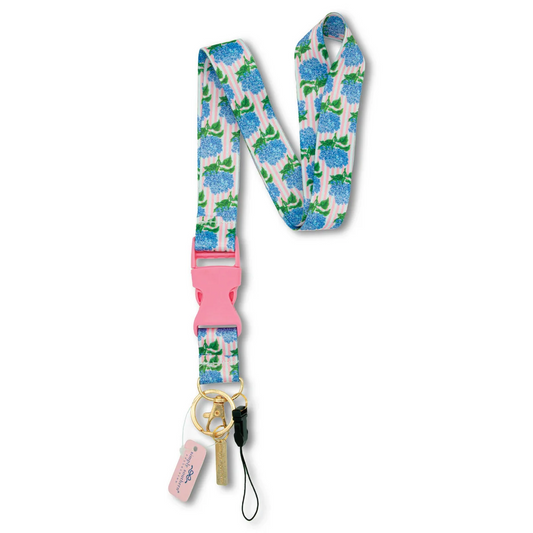 Hydrangea floral lanyard with pink buckle and gold swivel clasp, includes hanging tag