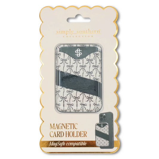 Magnetic card holder with black bow, patterned backing, MagSafe compatible