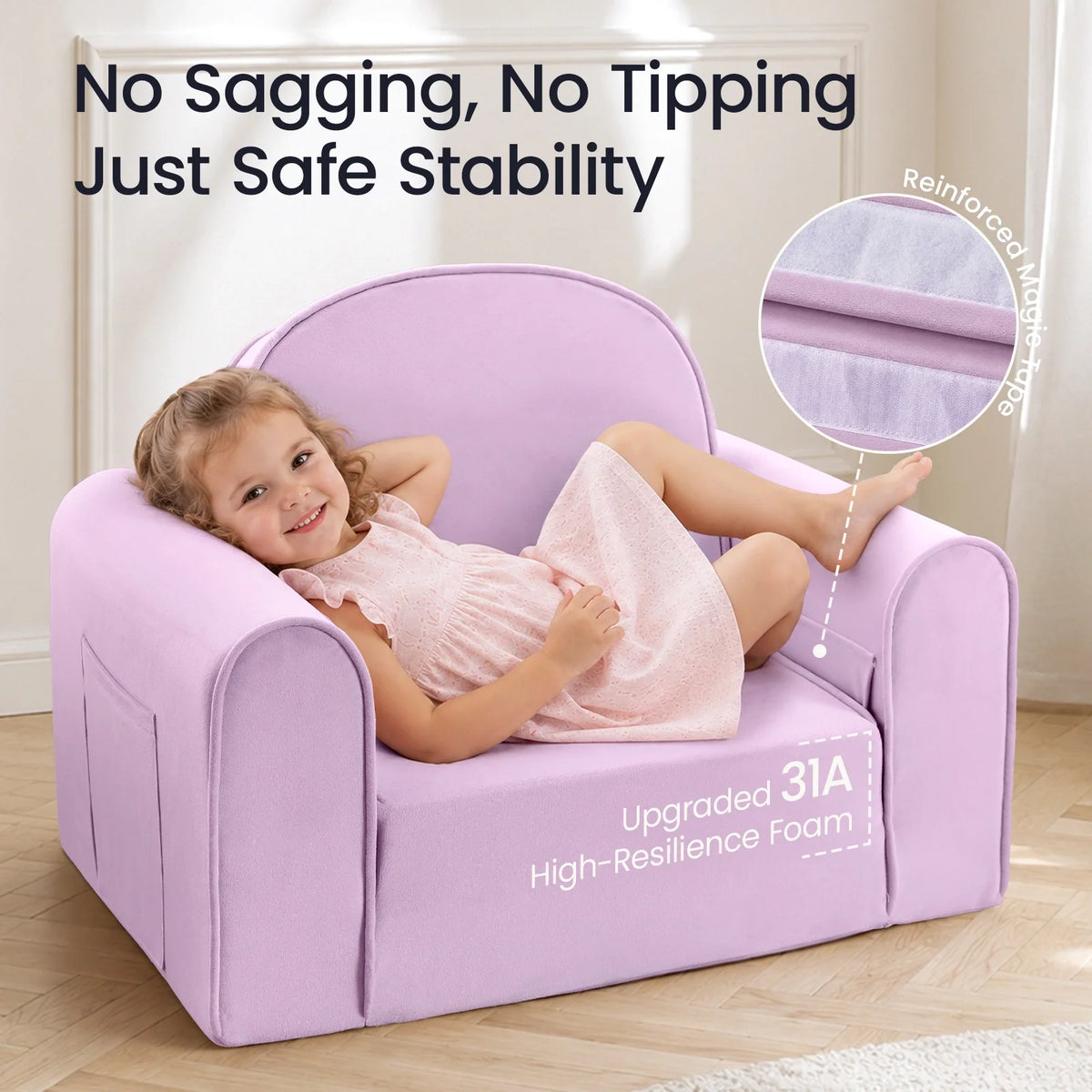 Light purple kids sofa chair with high-resilience foam and reinforced support