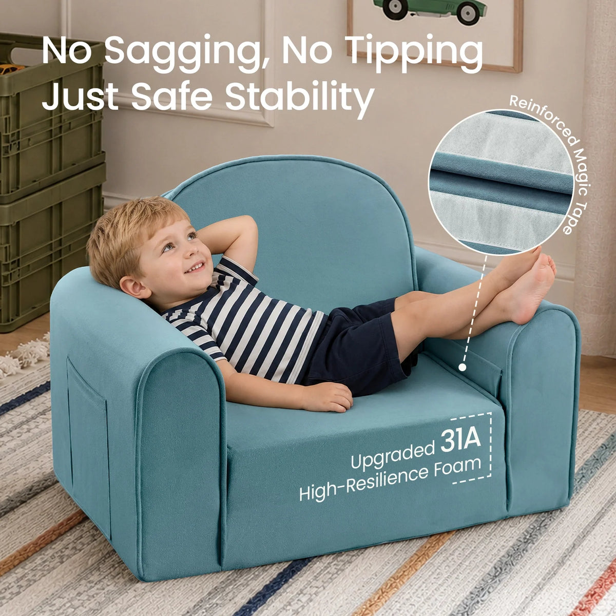 Tiny Land® teal kids sofa chair with a child reclining, showing thick seat and back cushions