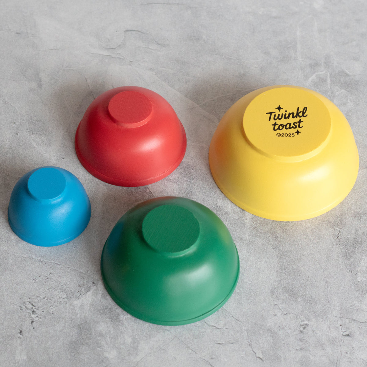 Stackable mini mixing bowls, assorted colors, with Twinkle Toast printed on yellow bowl