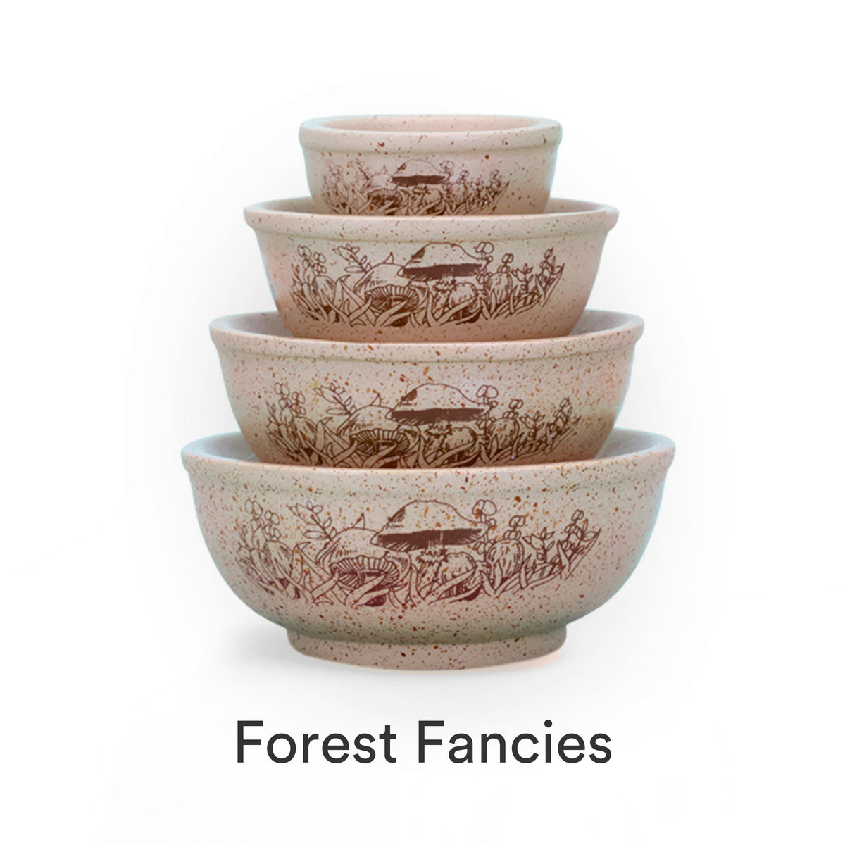 Mini stackable mixing bowl set with brown woodland scene pattern on speckled bowls.