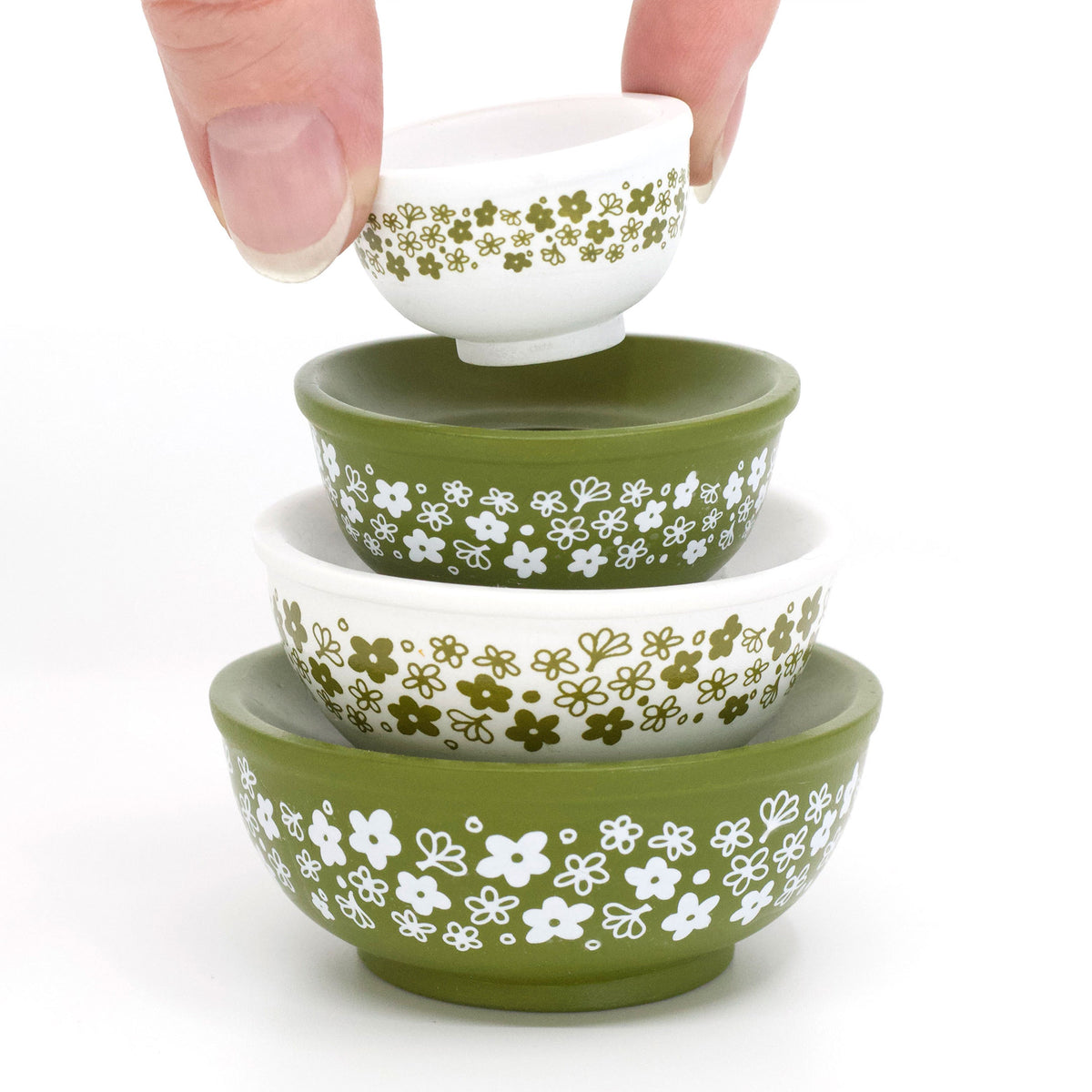 Stackable mini mixing bowls set in green and white with small flower pattern