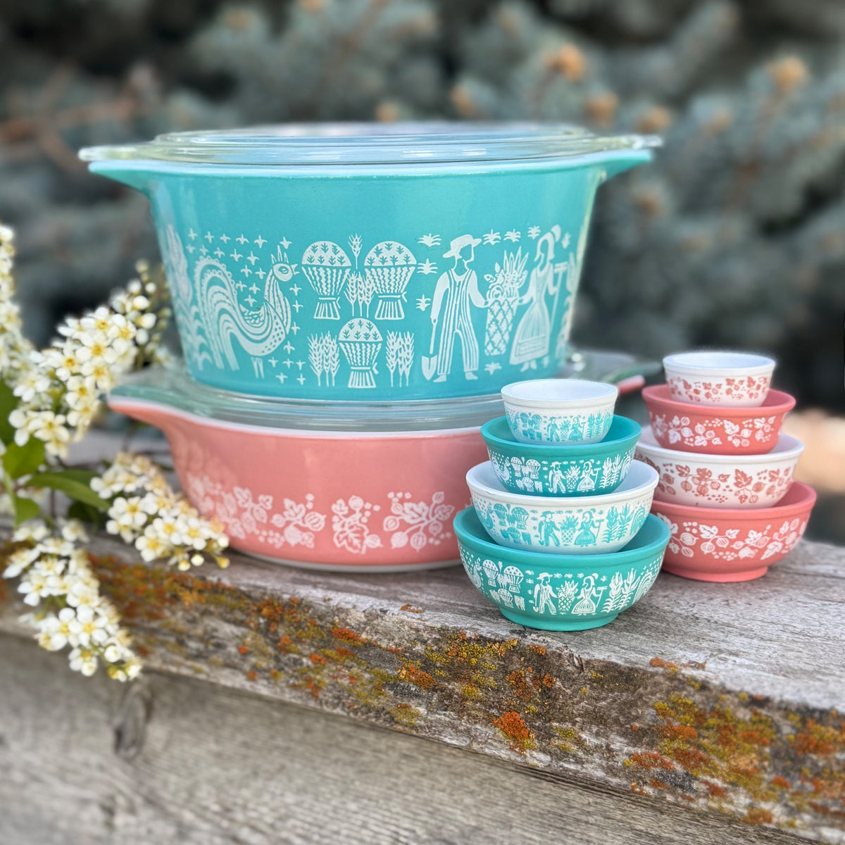 Stackable mini mixing bowls set in turquoise and pink with animal and floral prints