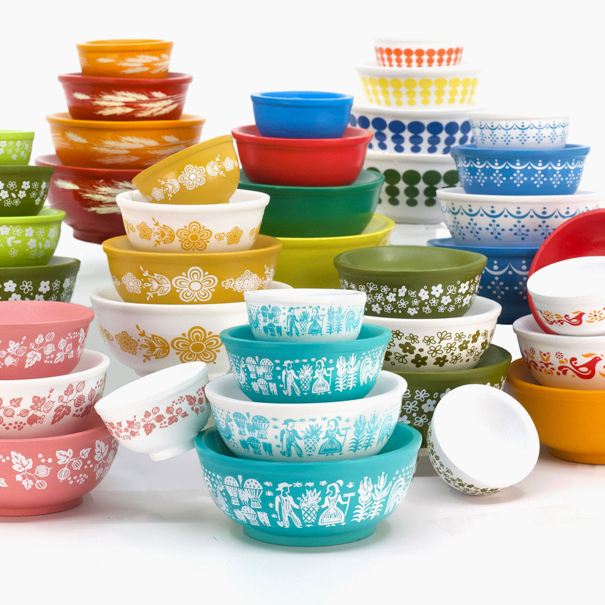 Stackable mini mixing bowls set with assorted colors and retro printed patterns