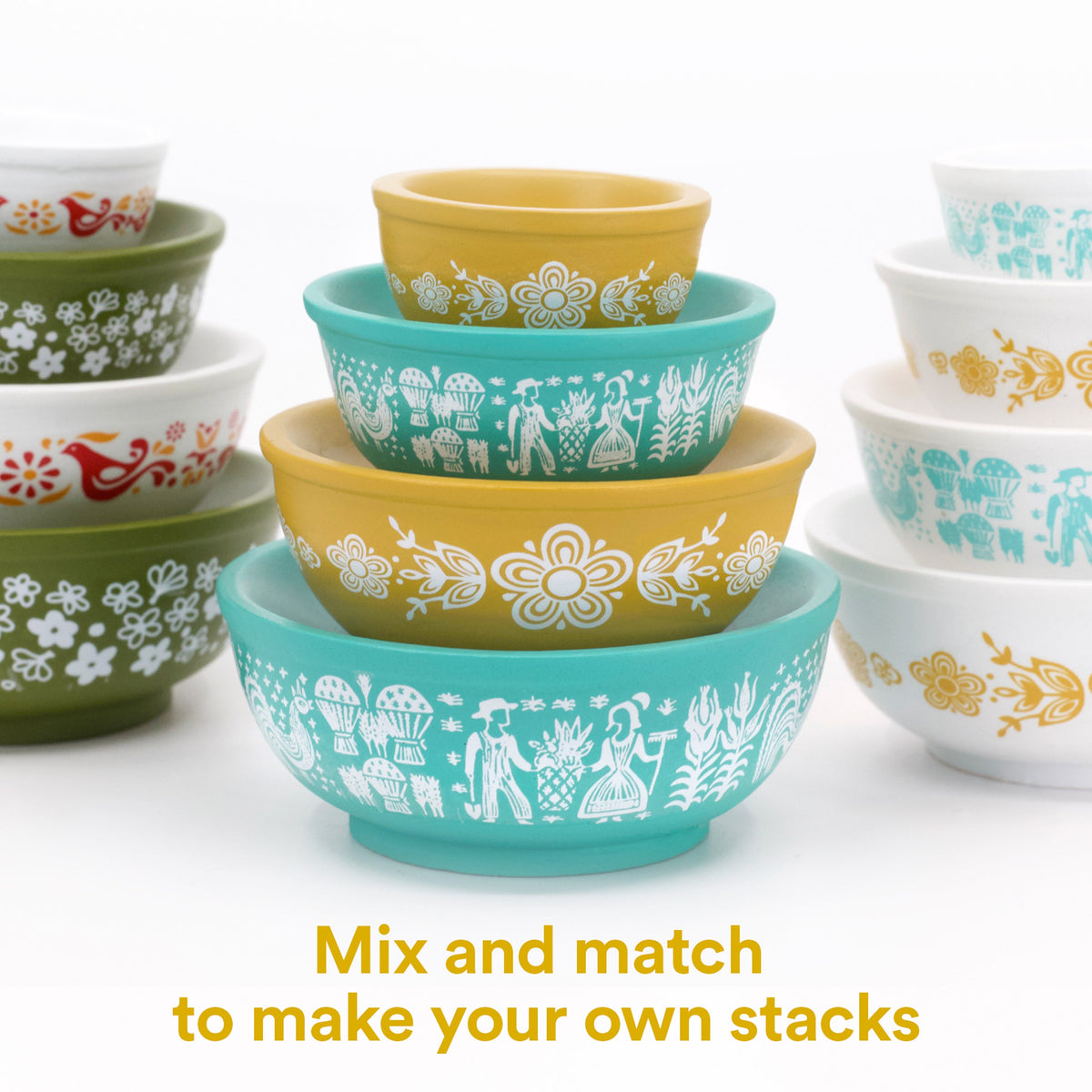 Stackable mini mixing bowls set in teal, yellow, and white with retro animal prints