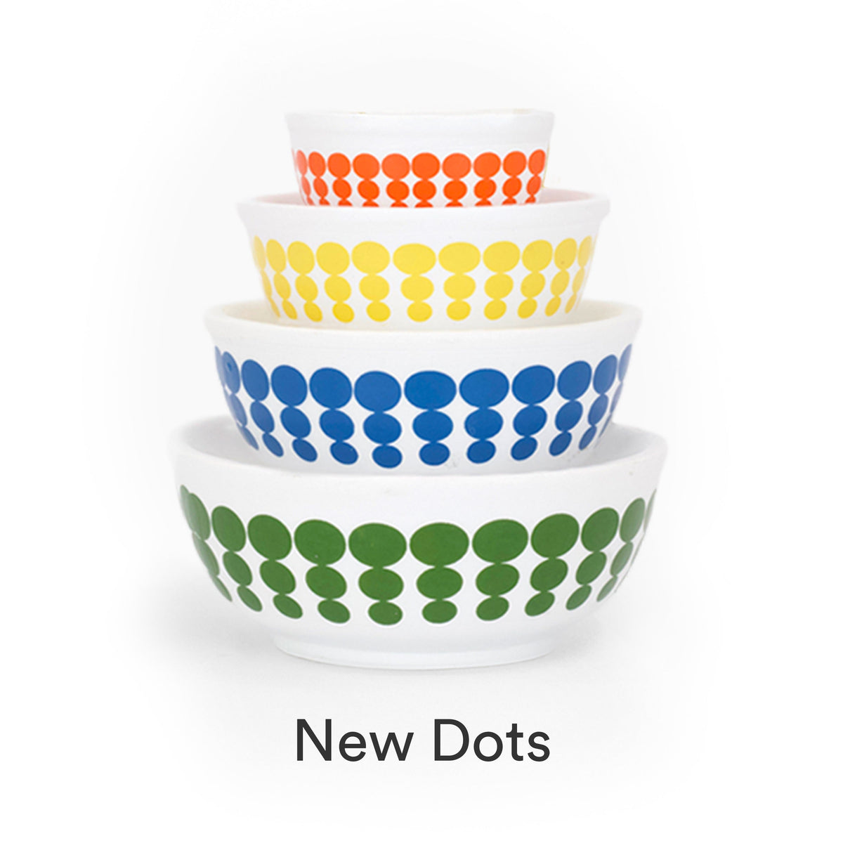 Mini stackable mixing bowl set with multicolor dot pattern on white, yellow, blue, and green bowls.