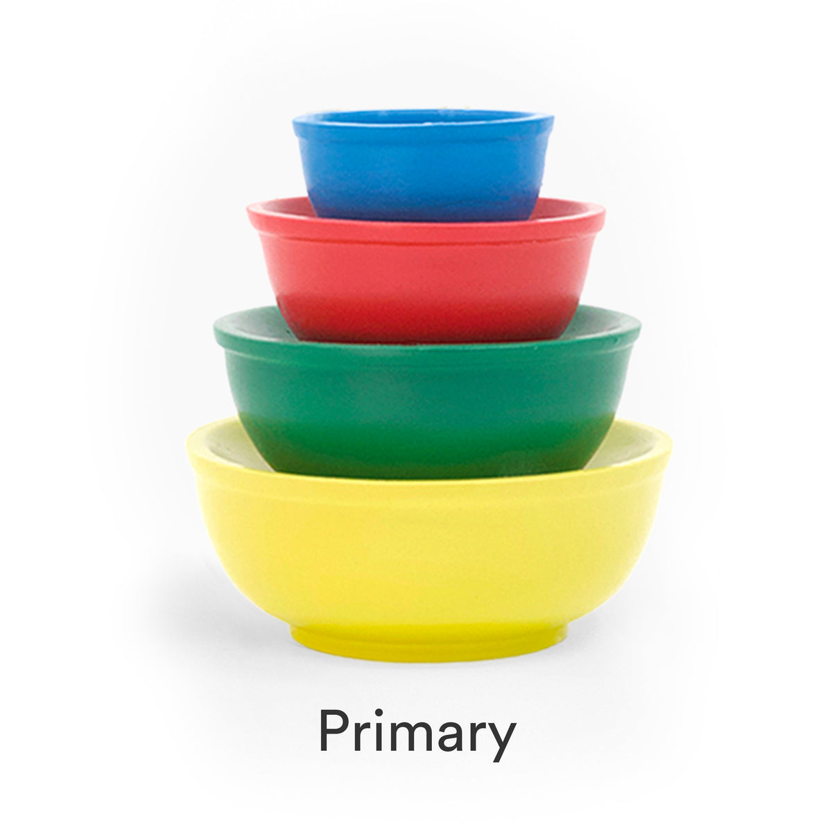 Mini stackable mixing bowl set in primary colors: yellow, green, red, and blue bowls.