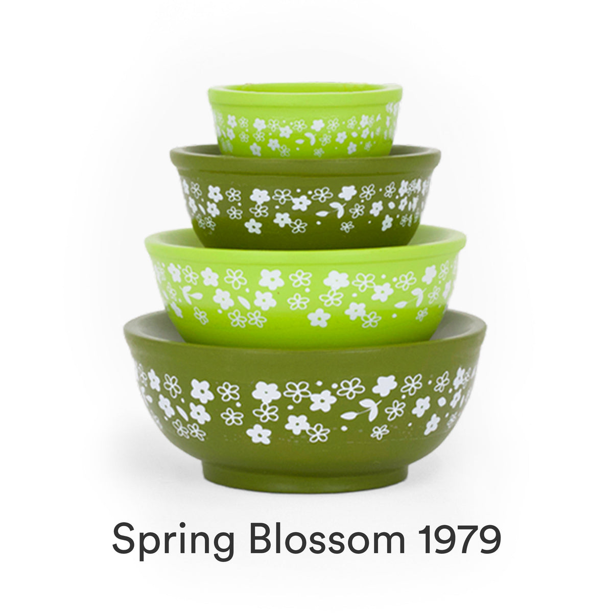 Mini stackable mixing bowl set with white flower pattern on light green and green bowls.