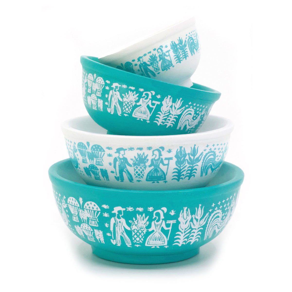 Stackable mini mixing bowls set in turquoise with white vintage animal and plant prints