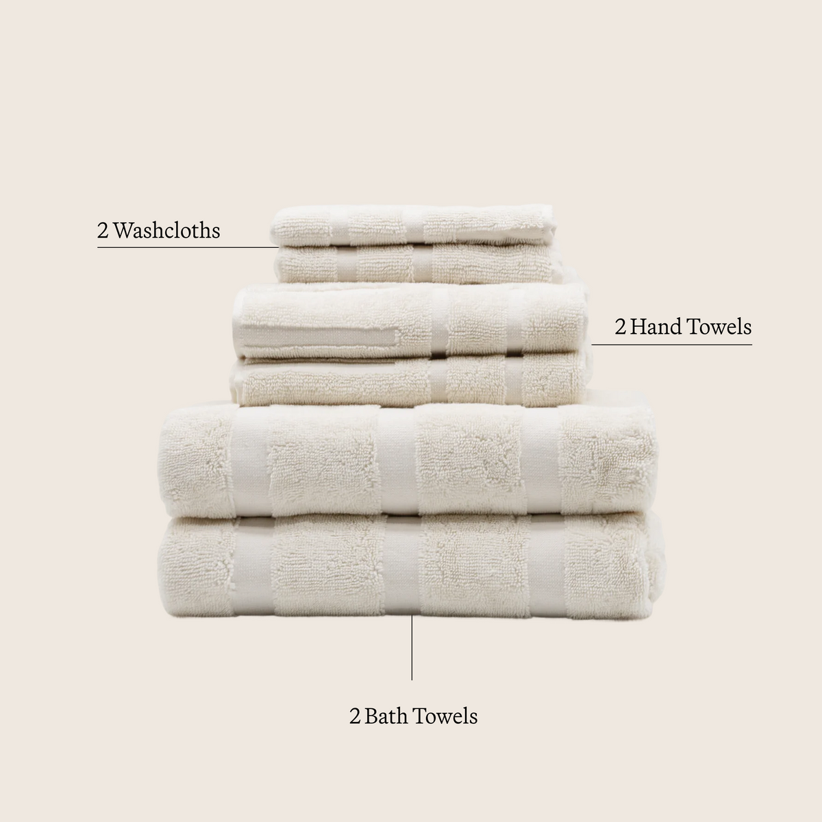 Stacked cream cotton towels with subtle textured bands, neatly folded