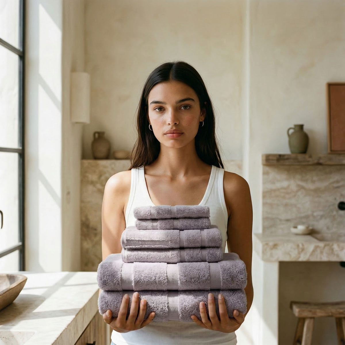 Lavender terry towel set stacked, showing vertical stripe weave texture.