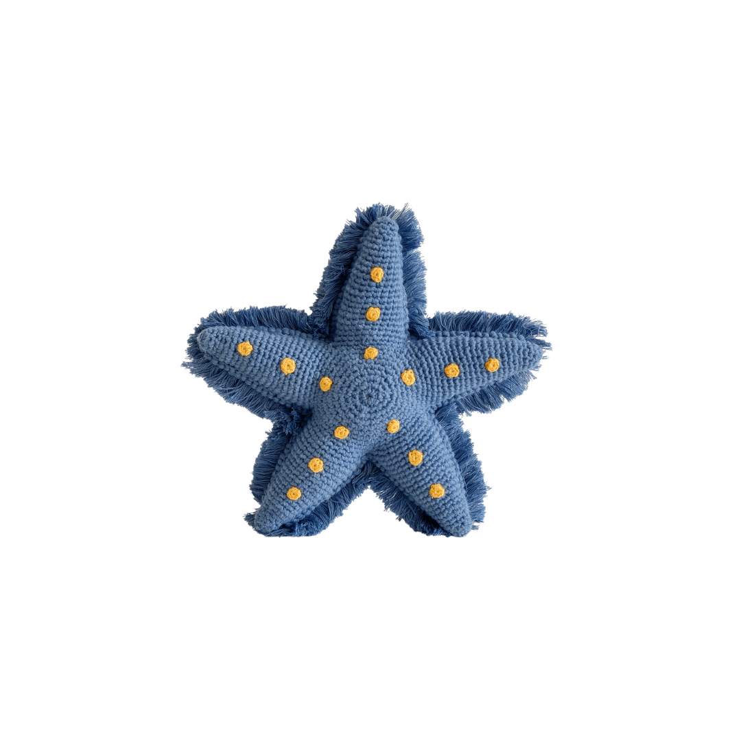 Blue starfish-shaped plush with yellow stitched spots and fringed edges