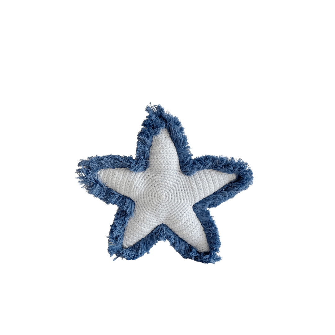 Starfish-shaped plush with a white center and blue fringed edges