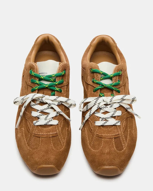 Camel suede low-top sneakers with green laces and white patterned lace wraps