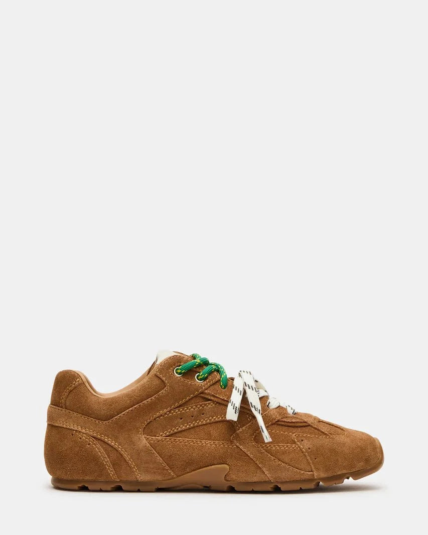 Camel suede sneakers with green laces, white graphic lace ties, and rubber sole