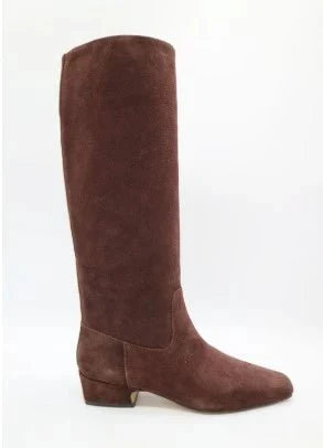 Brown suede tall boots with low stacked heel and rounded toe